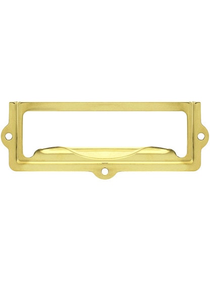 3 1/8 inch Stamped Brass Label Holder and Pull in Unlacquered Brass.